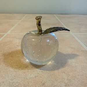 VINTAGE CLEAR ART GLASS APPLE BRASS STEM PAPERWEIGHT W BUBBLES